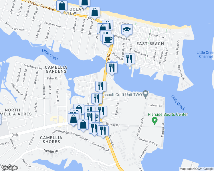 map of restaurants, bars, coffee shops, grocery stores, and more near 8142 Shore Drive in Norfolk