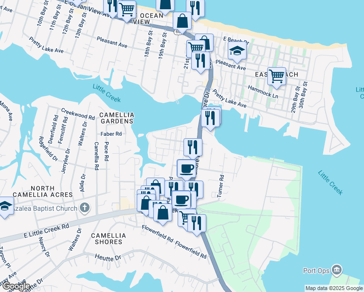 map of restaurants, bars, coffee shops, grocery stores, and more near 8135 Ships Crossing Road in Norfolk