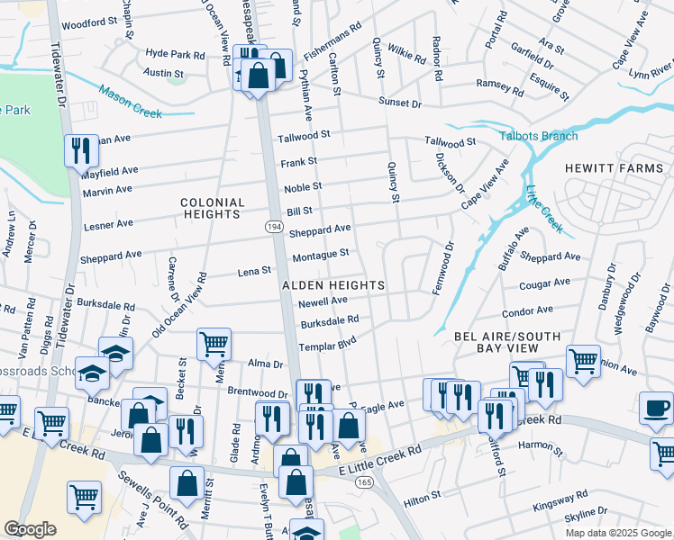 map of restaurants, bars, coffee shops, grocery stores, and more near 1204 Winston Street in Norfolk