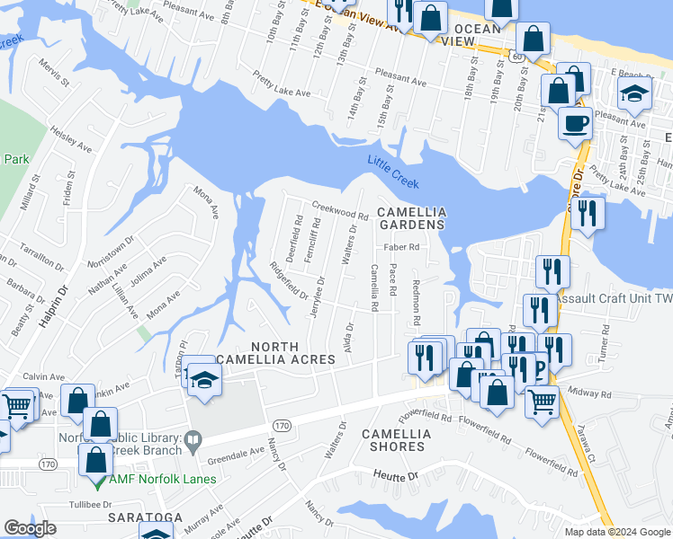 map of restaurants, bars, coffee shops, grocery stores, and more near 8121 Walters Drive in Norfolk