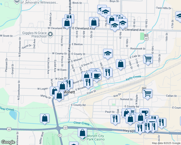 map of restaurants, bars, coffee shops, grocery stores, and more near 309 4th Street in Monett