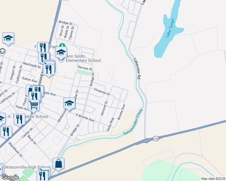 map of restaurants, bars, coffee shops, grocery stores, and more near 10 Pajaro Vista Court in Watsonville