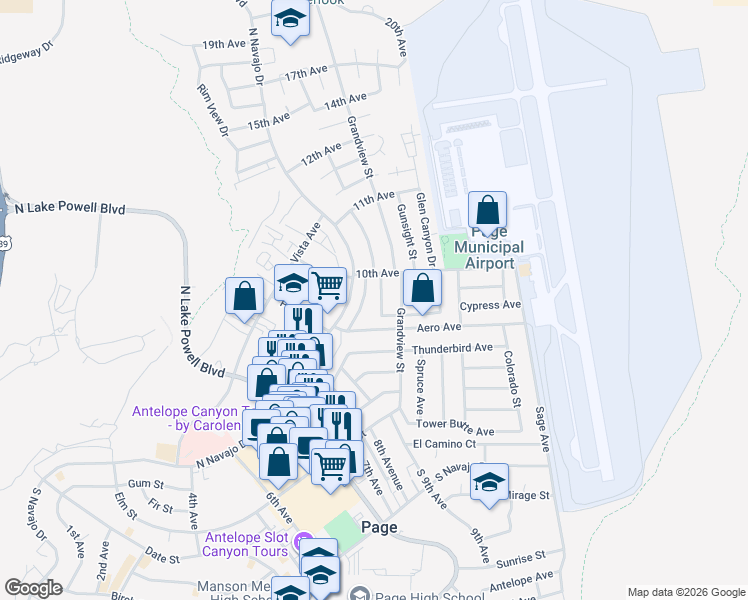 map of restaurants, bars, coffee shops, grocery stores, and more near 920 Castle Rock Street in Page