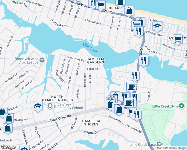 map of restaurants, bars, coffee shops, grocery stores, and more near 8126 Pace Road in Norfolk