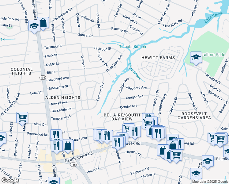 map of restaurants, bars, coffee shops, grocery stores, and more near 8221 Buffalo Court in Norfolk