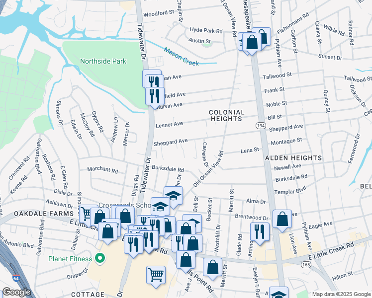 map of restaurants, bars, coffee shops, grocery stores, and more near 8232 Tabor Court in Norfolk