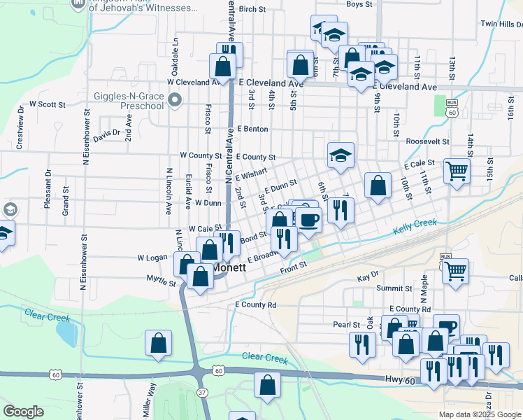 map of restaurants, bars, coffee shops, grocery stores, and more near 400 East Cale Street in Monett