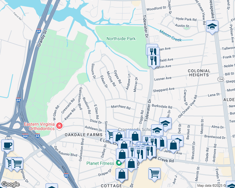 map of restaurants, bars, coffee shops, grocery stores, and more near 8205 McCloy Road in Norfolk
