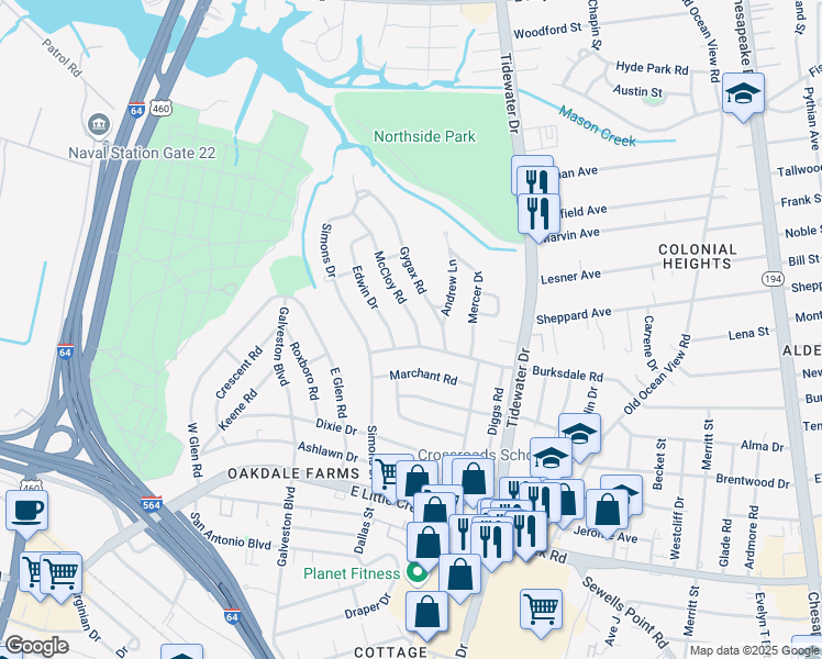 map of restaurants, bars, coffee shops, grocery stores, and more near 8205 McCloy Road in Norfolk
