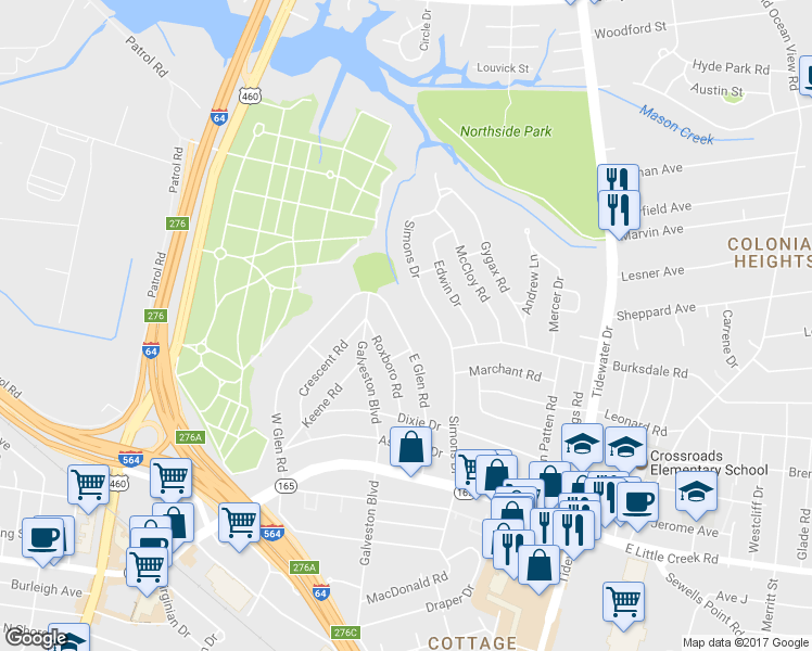 map of restaurants, bars, coffee shops, grocery stores, and more near 8038 East Glen Road in Norfolk