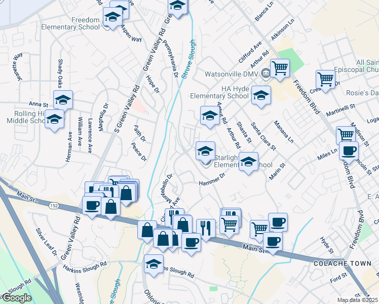 map of restaurants, bars, coffee shops, grocery stores, and more near 281 Clifford Avenue in Watsonville