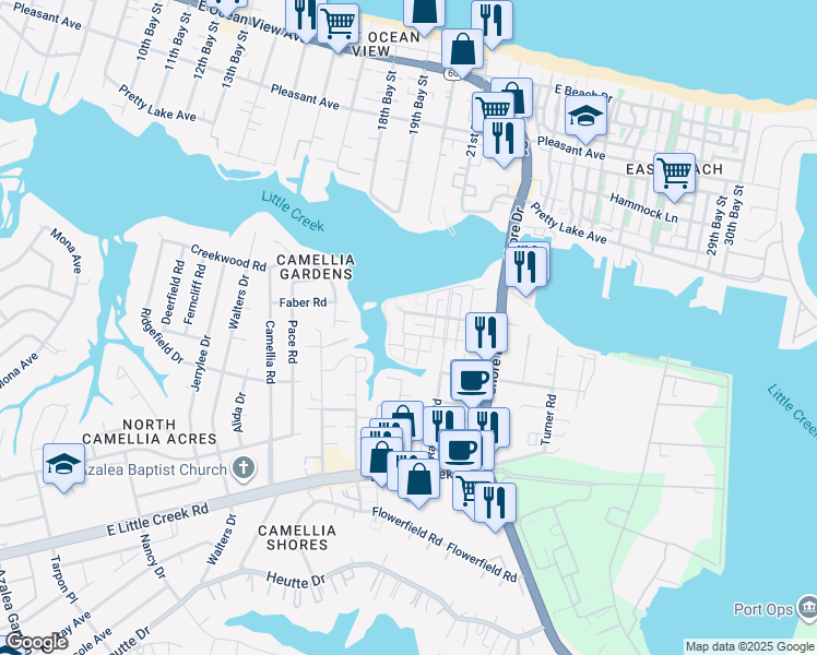 map of restaurants, bars, coffee shops, grocery stores, and more near Seafarer Avenue in Norfolk