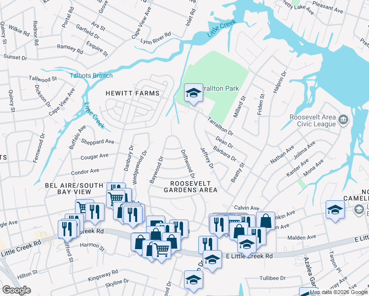 map of restaurants, bars, coffee shops, grocery stores, and more near 8214 Driftwood Drive in Norfolk