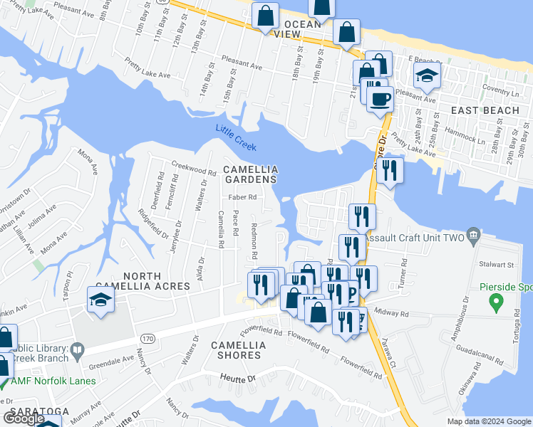 map of restaurants, bars, coffee shops, grocery stores, and more near 8116 Tidal Road in Norfolk