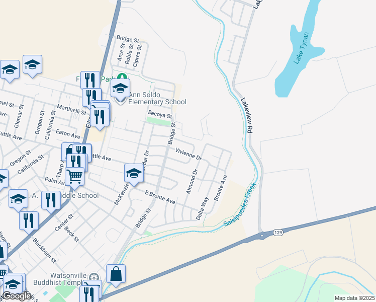 map of restaurants, bars, coffee shops, grocery stores, and more near 475 Vivienne Drive in Watsonville