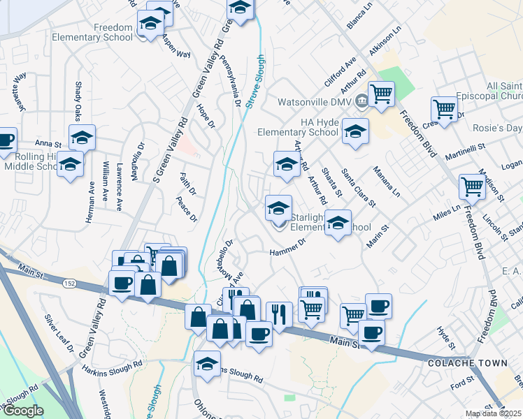 map of restaurants, bars, coffee shops, grocery stores, and more near 281 Clifford Avenue in Watsonville
