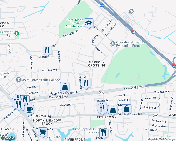 map of restaurants, bars, coffee shops, grocery stores, and more near 250 Royal Windsor Loop in Norfolk