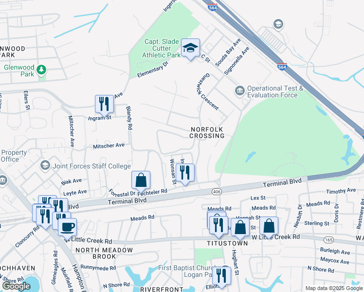 map of restaurants, bars, coffee shops, grocery stores, and more near 250 Royal Windsor Loop in Norfolk