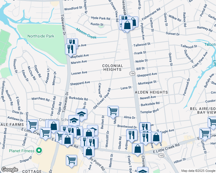 map of restaurants, bars, coffee shops, grocery stores, and more near 8263 Old Ocean View Road in Norfolk