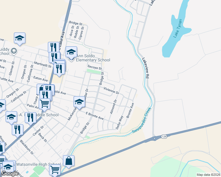 map of restaurants, bars, coffee shops, grocery stores, and more near 475 Vivienne Drive in Watsonville