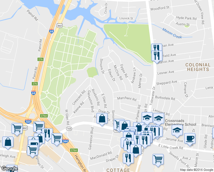 map of restaurants, bars, coffee shops, grocery stores, and more near 8211 Simons Drive in Norfolk