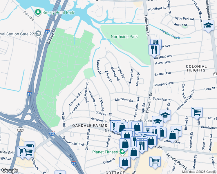 map of restaurants, bars, coffee shops, grocery stores, and more near 8208 Simons Drive in Norfolk