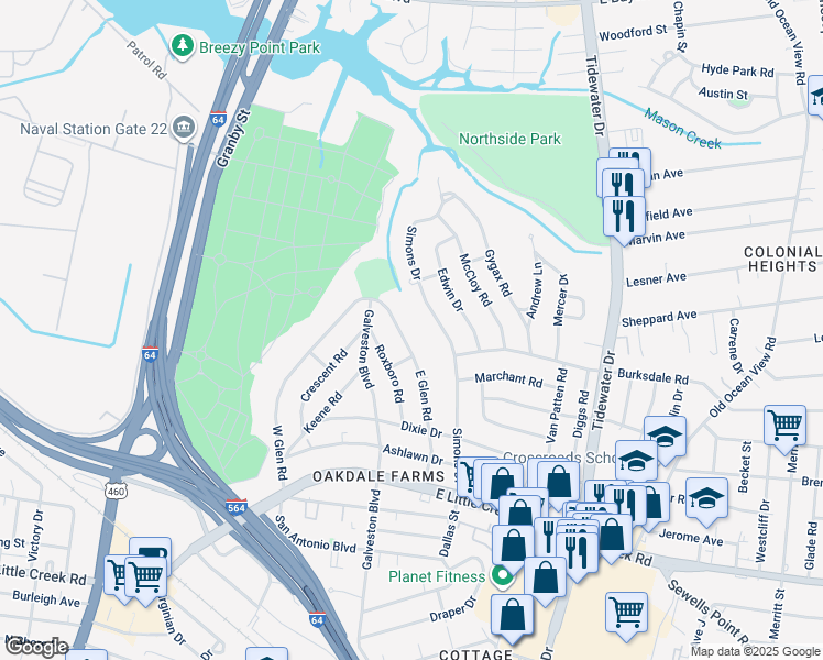 map of restaurants, bars, coffee shops, grocery stores, and more near 8038 East Glen Road in Norfolk