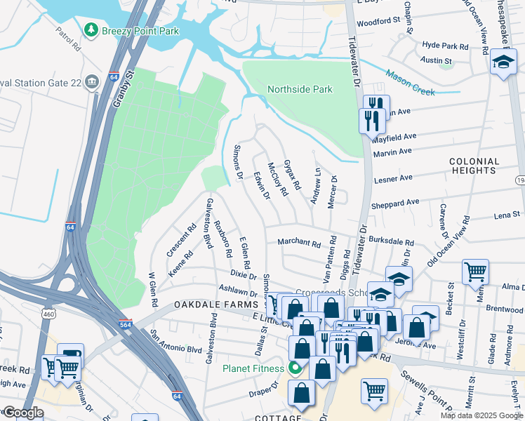map of restaurants, bars, coffee shops, grocery stores, and more near 8208 Simons Drive in Norfolk