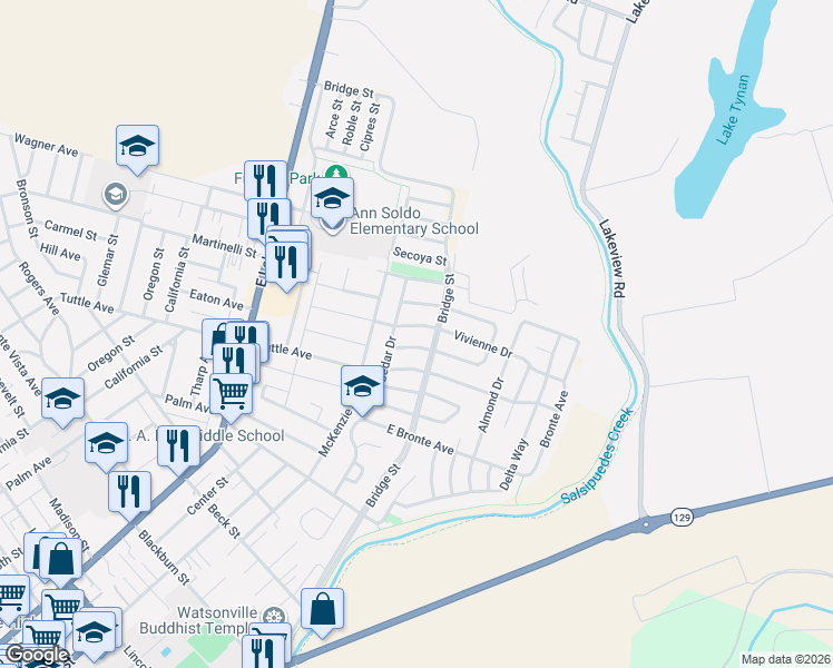 map of restaurants, bars, coffee shops, grocery stores, and more near 504 Cloudview Drive in Watsonville