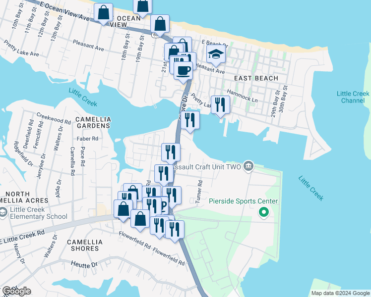 map of restaurants, bars, coffee shops, grocery stores, and more near 8145 Wisteria Place in Norfolk