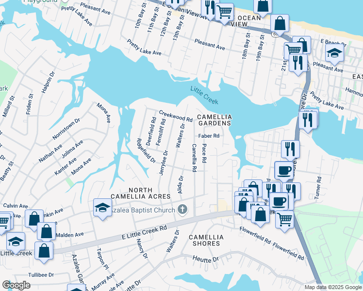 map of restaurants, bars, coffee shops, grocery stores, and more near 8121 Walters Drive in Norfolk