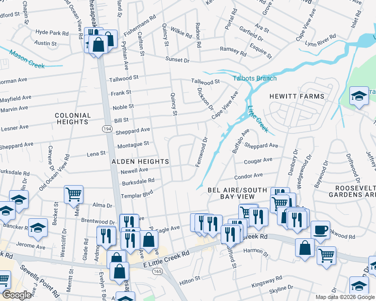 map of restaurants, bars, coffee shops, grocery stores, and more near 8235 Barkwood Drive in Norfolk