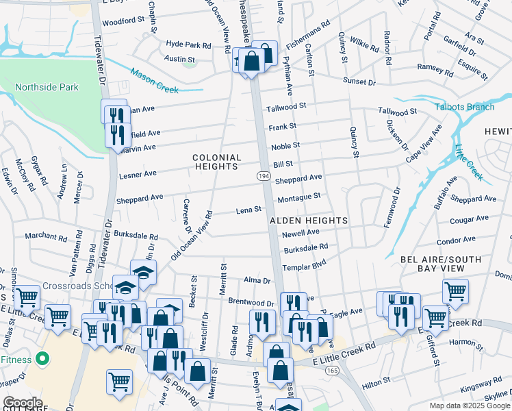 map of restaurants, bars, coffee shops, grocery stores, and more near 966 Lena Street in Norfolk