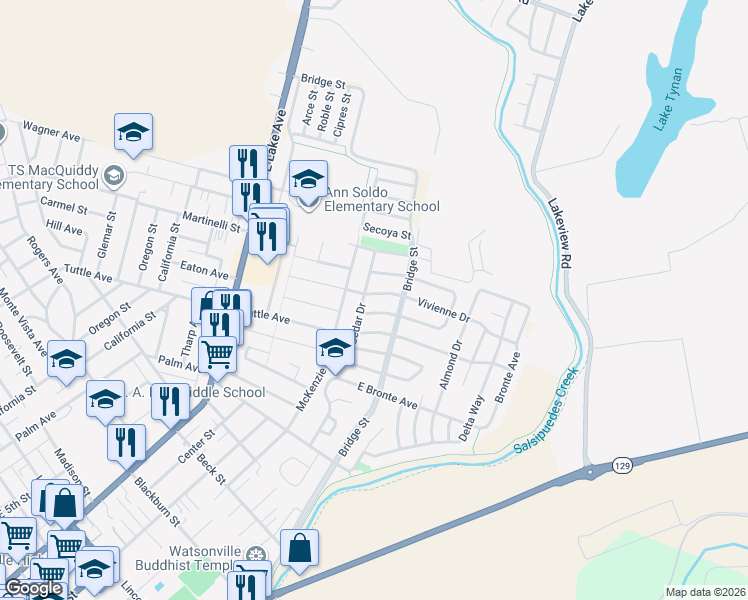 map of restaurants, bars, coffee shops, grocery stores, and more near 529 Vivienne Drive in Watsonville