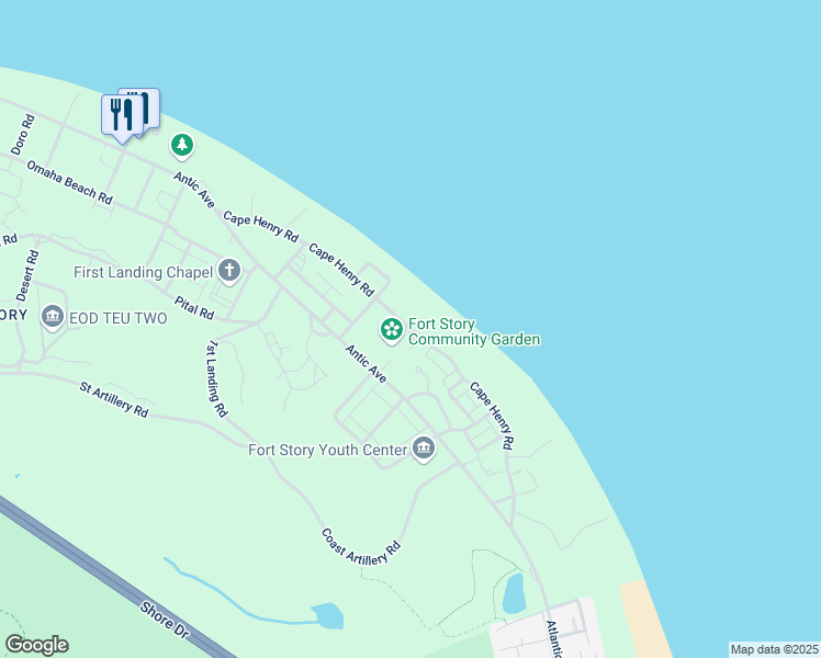 map of restaurants, bars, coffee shops, grocery stores, and more near Cape Henry Road in Virginia Beach
