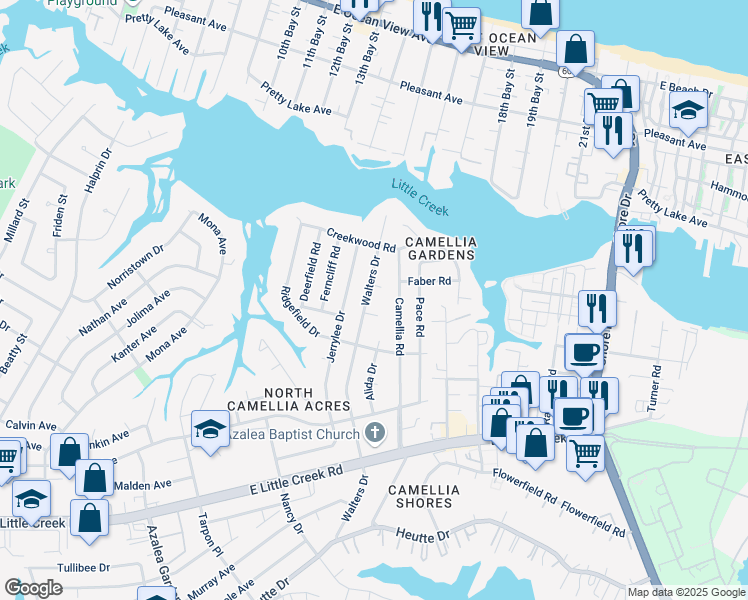 map of restaurants, bars, coffee shops, grocery stores, and more near 8121 Walters Drive in Norfolk