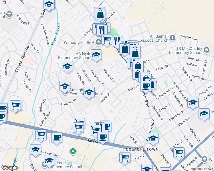 map of restaurants, bars, coffee shops, grocery stores, and more near 126 San Benito Street in Watsonville