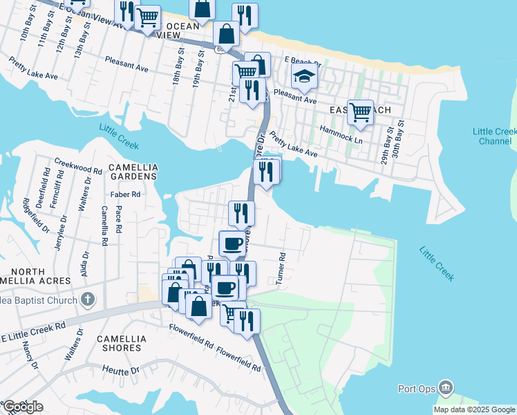 map of restaurants, bars, coffee shops, grocery stores, and more near 8150 Shore Drive in Norfolk