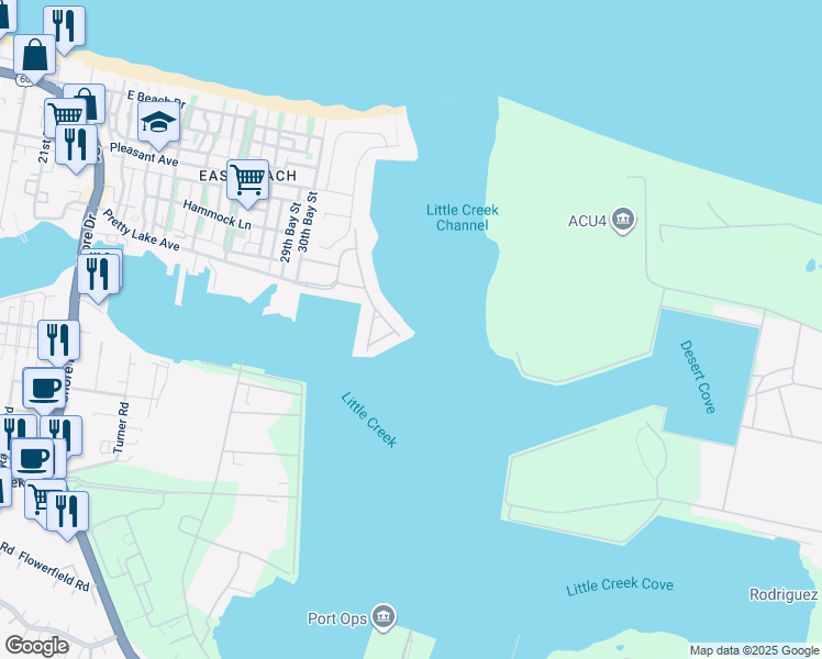 map of restaurants, bars, coffee shops, grocery stores, and more near 5305 Spy Glass Drive in Norfolk