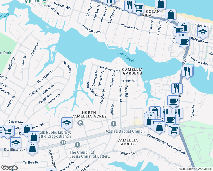 map of restaurants, bars, coffee shops, grocery stores, and more near 8124 Jerrylee Drive in Norfolk