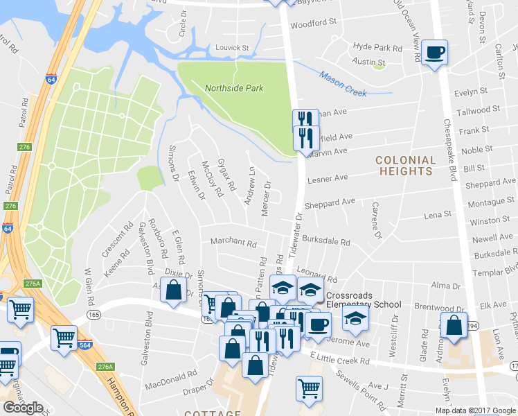 map of restaurants, bars, coffee shops, grocery stores, and more near 8211 Mercer Drive in Norfolk