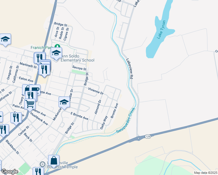 map of restaurants, bars, coffee shops, grocery stores, and more near 10 Pajaro Vista Court in Watsonville