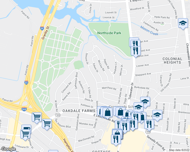 map of restaurants, bars, coffee shops, grocery stores, and more near 8210 Simons Drive in Norfolk