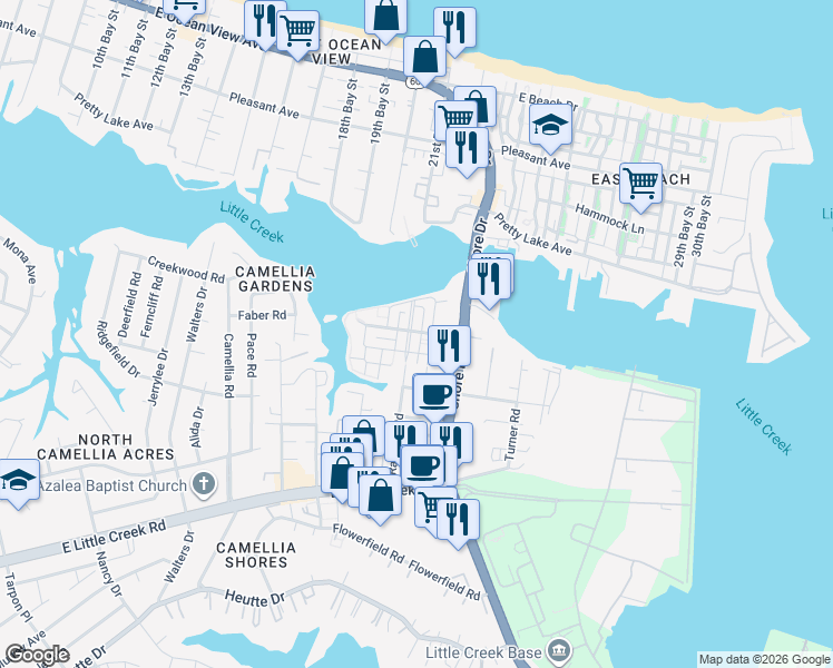map of restaurants, bars, coffee shops, grocery stores, and more near 8232 North View Boulevard in Norfolk