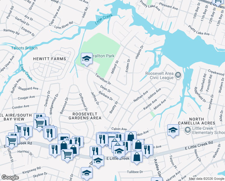 map of restaurants, bars, coffee shops, grocery stores, and more near 2217 Dean Drive in Norfolk