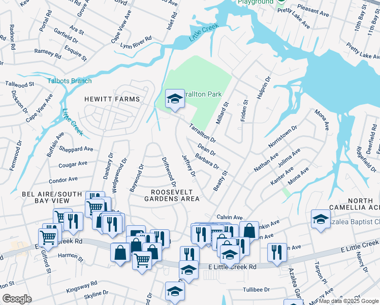map of restaurants, bars, coffee shops, grocery stores, and more near 2153 Jeffrey Drive in Norfolk