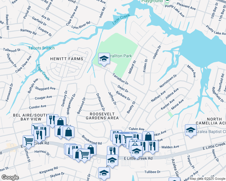 map of restaurants, bars, coffee shops, grocery stores, and more near 2153 Jeffrey Drive in Norfolk
