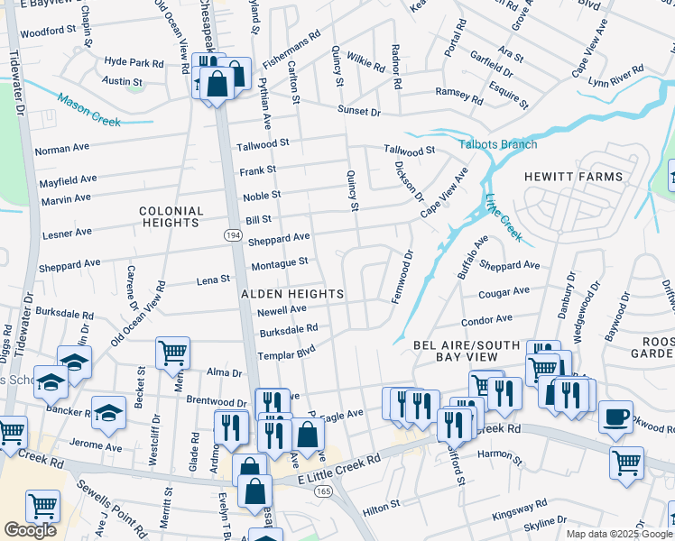 map of restaurants, bars, coffee shops, grocery stores, and more near 8247 Redwood Circle in Norfolk