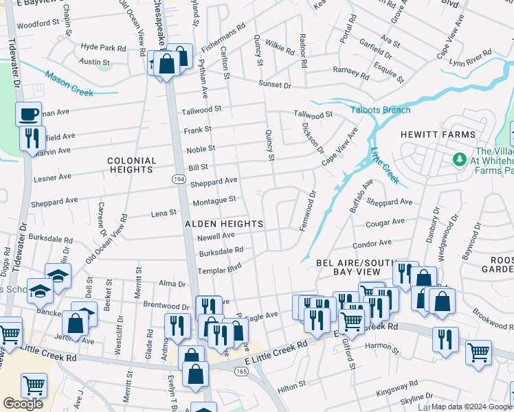 map of restaurants, bars, coffee shops, grocery stores, and more near 8247 Redwood Circle in Norfolk