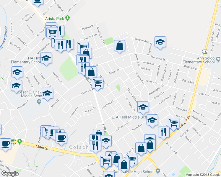 map of restaurants, bars, coffee shops, grocery stores, and more near 121 Alvarado Street in Watsonville